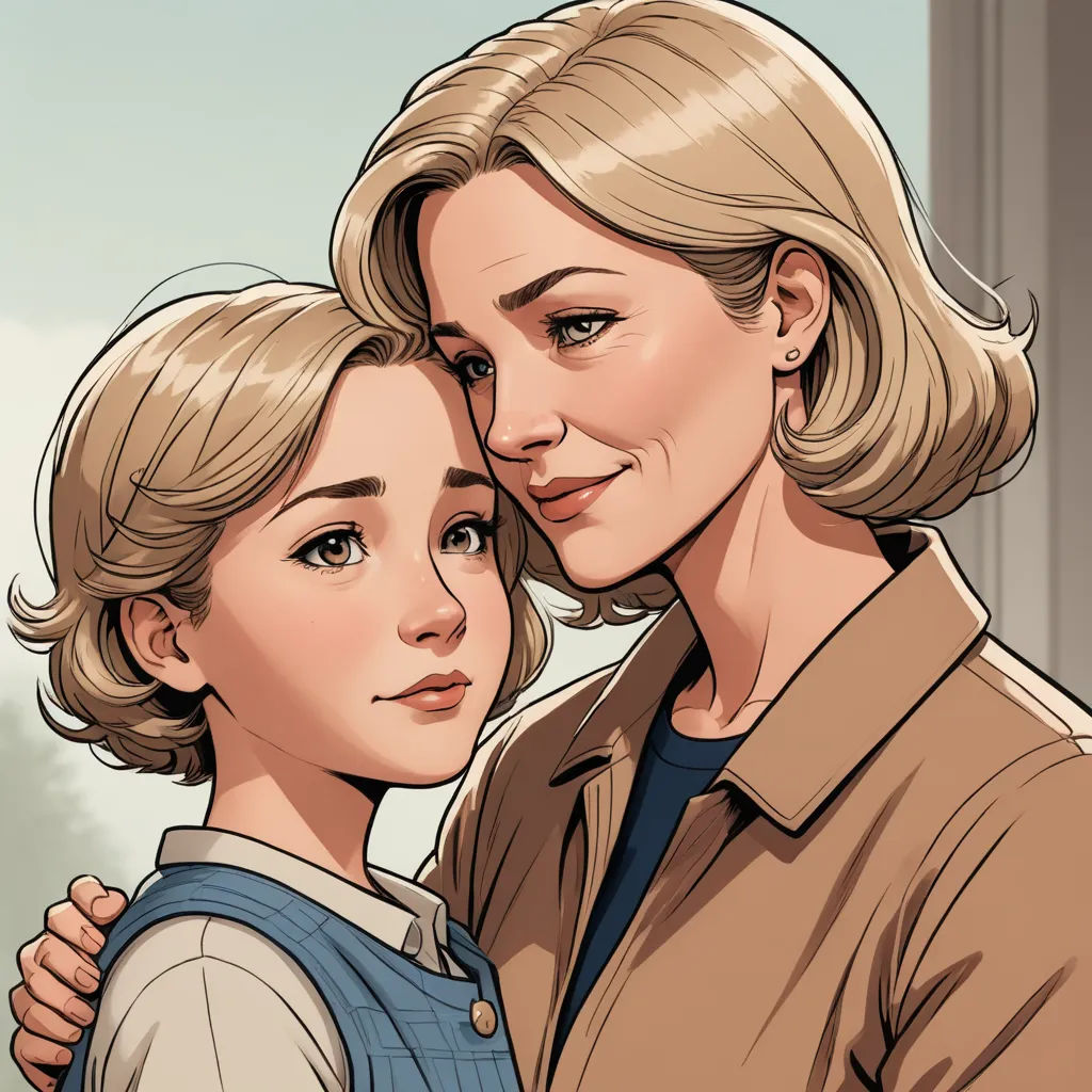 a woman and a child are standing together in a cartoon style, with a building in the background and a sky in the background, serial art, a comic book panel, Elizabeth Forbes, comic cover art