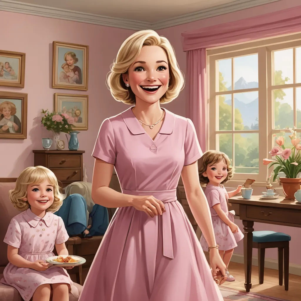 a woman in a pink dress standing in a room with two children and a table with a cake on it, american scene painting, a storybook illustration, disney, storybook illustration
