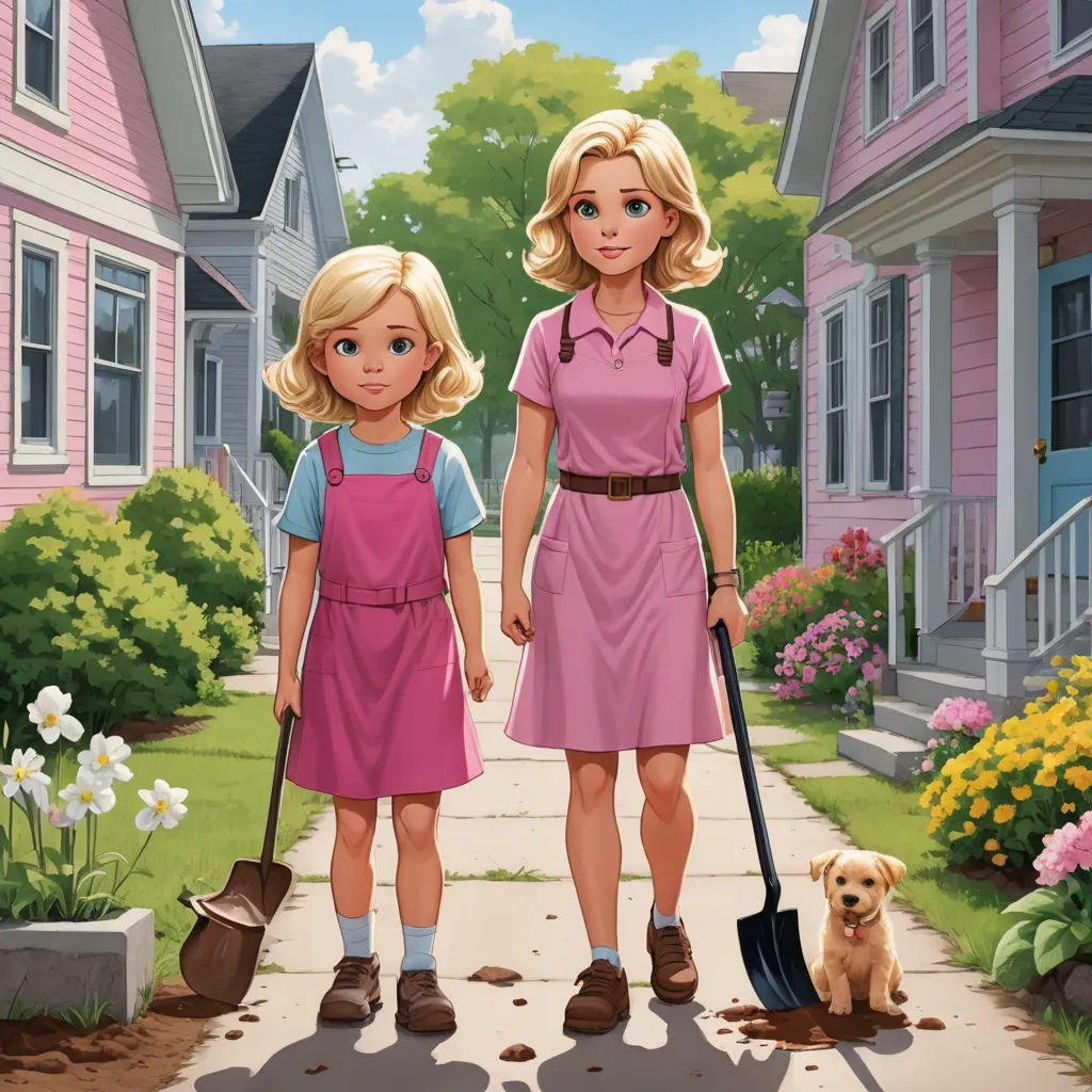 a couple of women standing next to each other on a sidewalk with a dog in front of them and a house, american scene painting, a storybook illustration, F. Scott Hess, key art