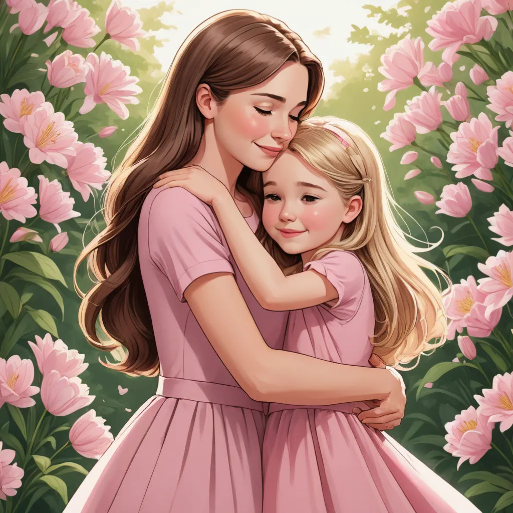 a mother hugging her daughter in front of pink flowers with a green background and a sunbeam in the background, symbolism, a storybook illustration, Artgerm, comic cover art