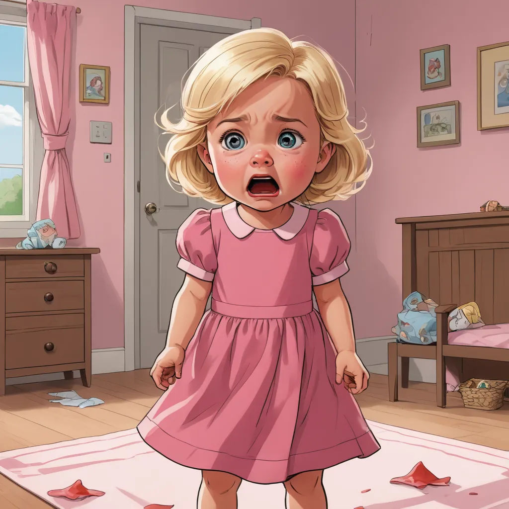 a cartoon of a little girl in a pink dress standing in a pink room with a pink rug and a pink bed, photorealism, a storybook illustration, Clarice Beckett, storybook illustration