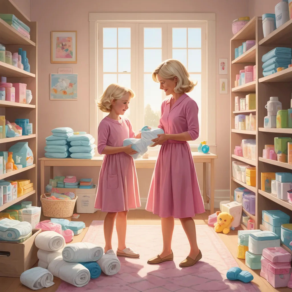 two women in a pink room with lots of shelves of baby goods and a teddy bear on the floor, american scene painting, a storybook illustration, Evgeny Lushpin, storybook illustration