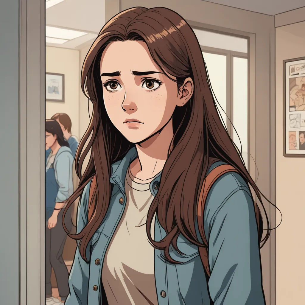 a woman with long hair standing in a room with a door open and people in the background looking at her, sots art, a character portrait, Constance Gordon-Cumming, comic cover art