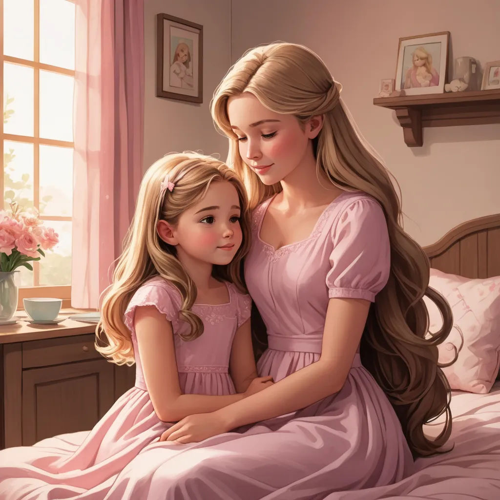 a painting of a mother and daughter sitting on a bed together, with a pink flower in the corner, remodernism, a storybook illustration, disney, storybook illustration