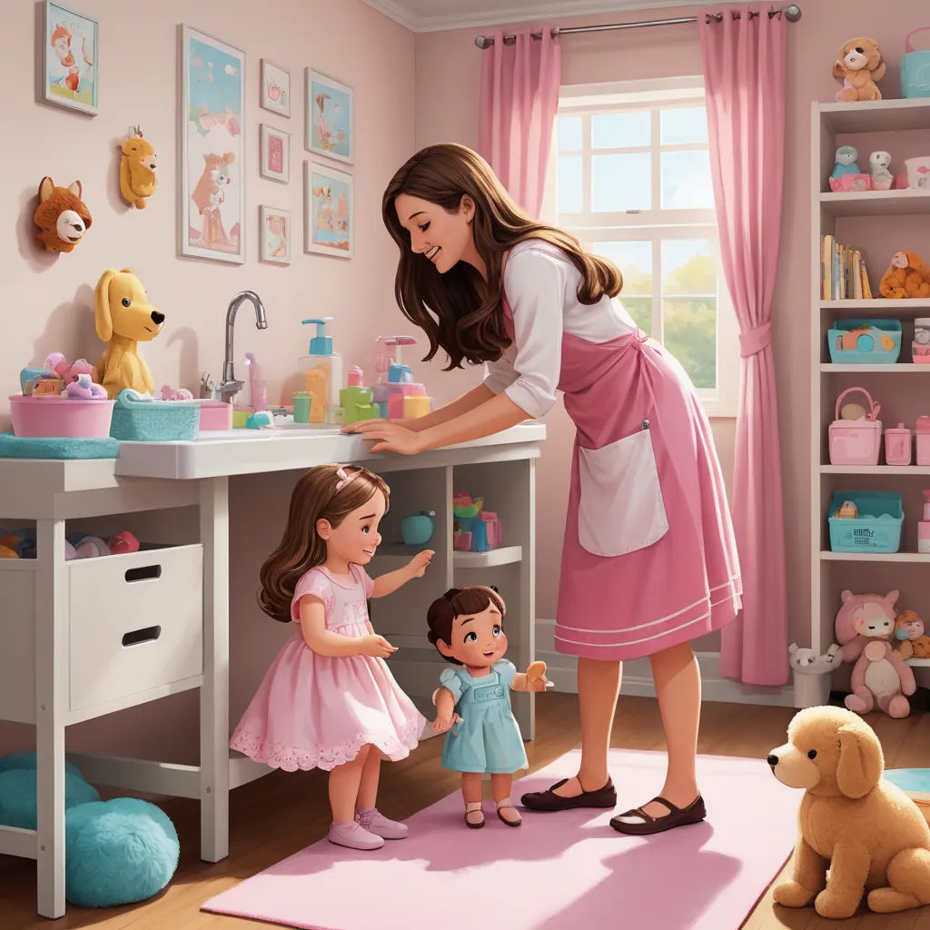 a woman and two children in a pink room with toys and a rug on the floor and a pink rug on the floor, american scene painting, a storybook illustration, Chris LaBrooy, storybook illustration