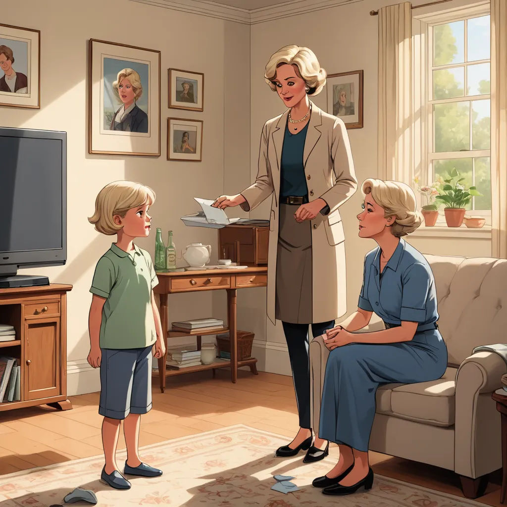 a woman standing in front of a tv with a child in front of her and a woman standing in front of a tv, american scene painting, a storybook illustration, Colin Middleton, official art