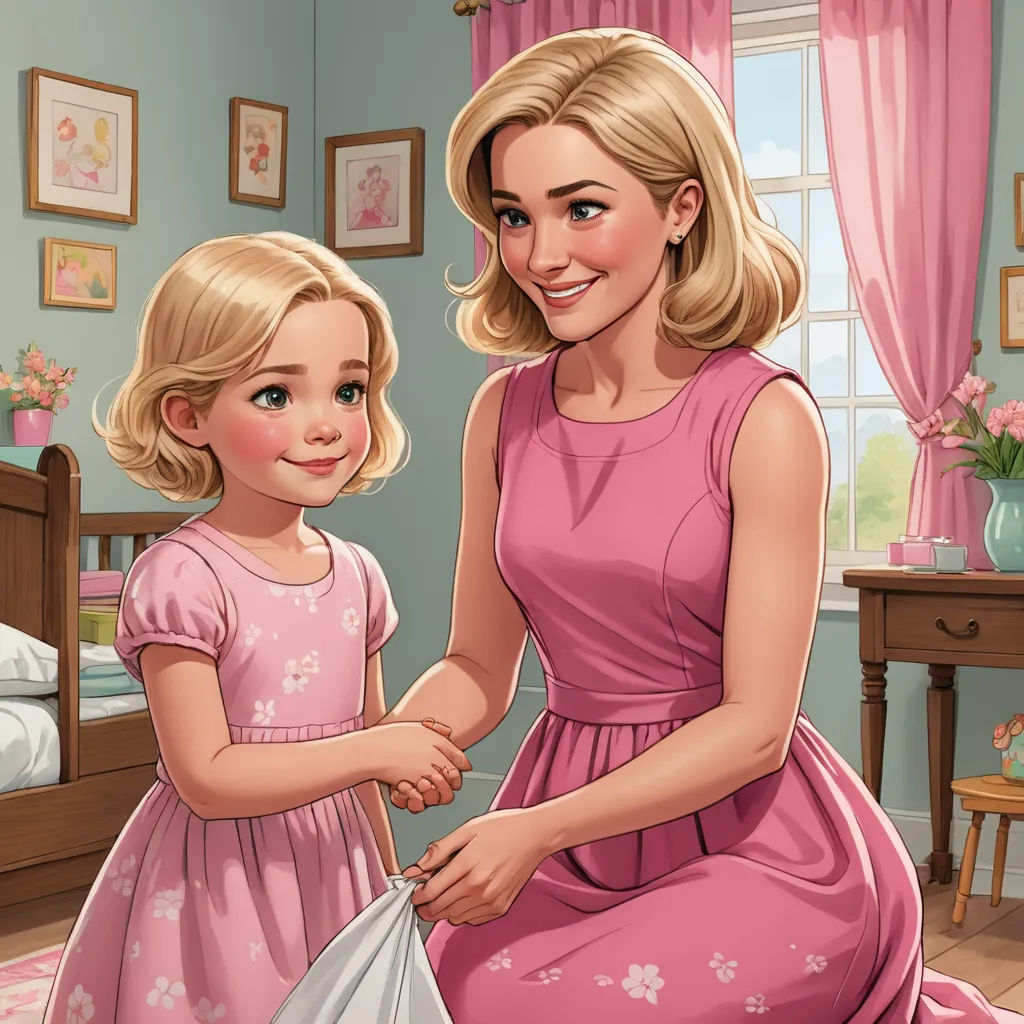 a woman and a little girl are sitting on a bed together and one is holding a bag of something, remodernism, a storybook illustration, disney, storybook illustration