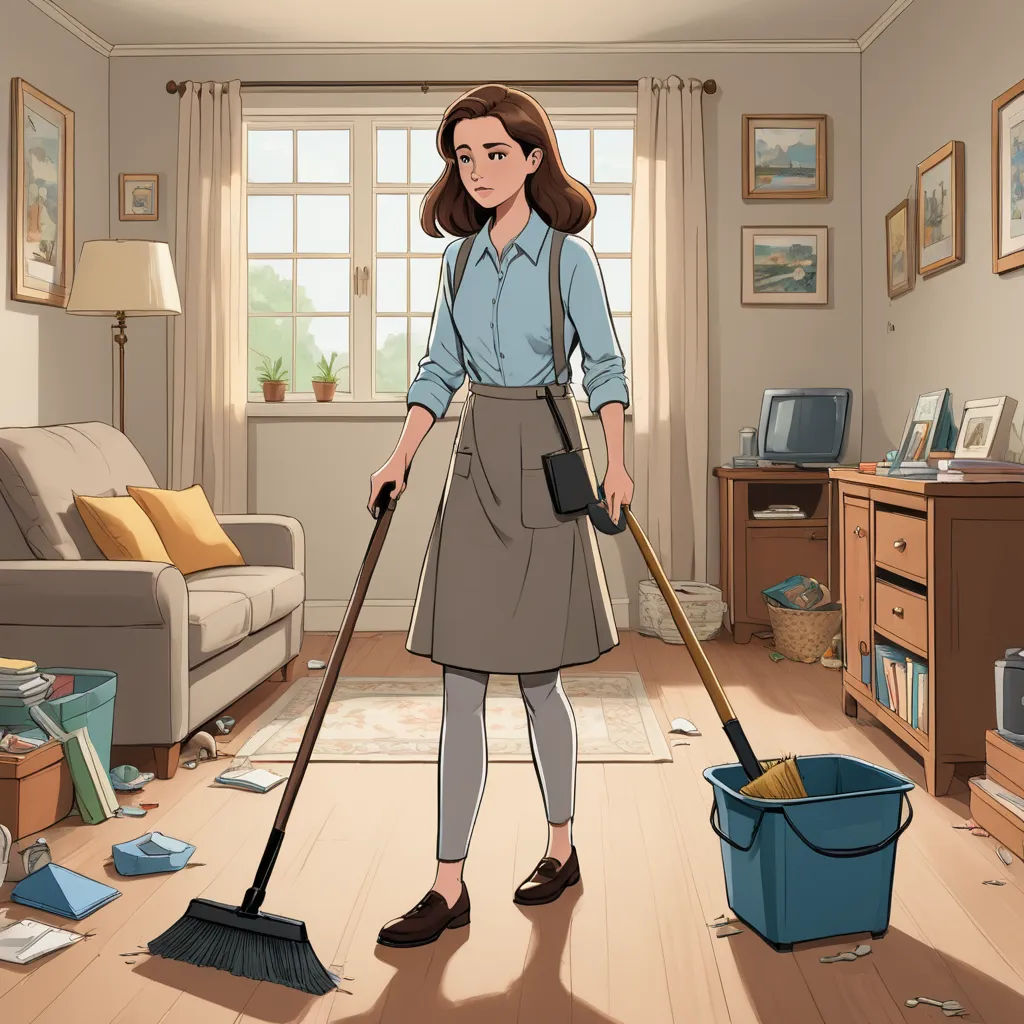 a woman in a room with a mop and bucket of dirt on the floor and a couch in the background, postminimalism, a stock photo, Anne Said, official art