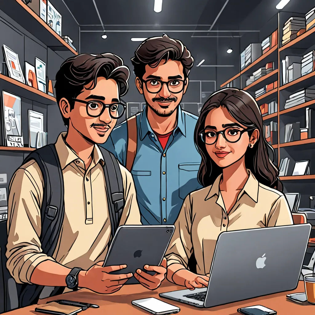 a couple of people standing in front of a laptop computer in a store with a man and woman on the screen, computer art, a comic book panel, Amir Zand, digital illustration