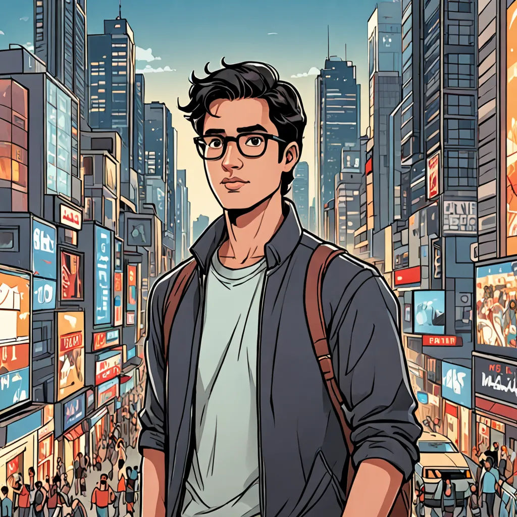 a man in glasses standing in a city street with a crowd of people in the background and a cityscape in the foreground, serial art, a character portrait, Amir Zand, rossdraws global illumination
