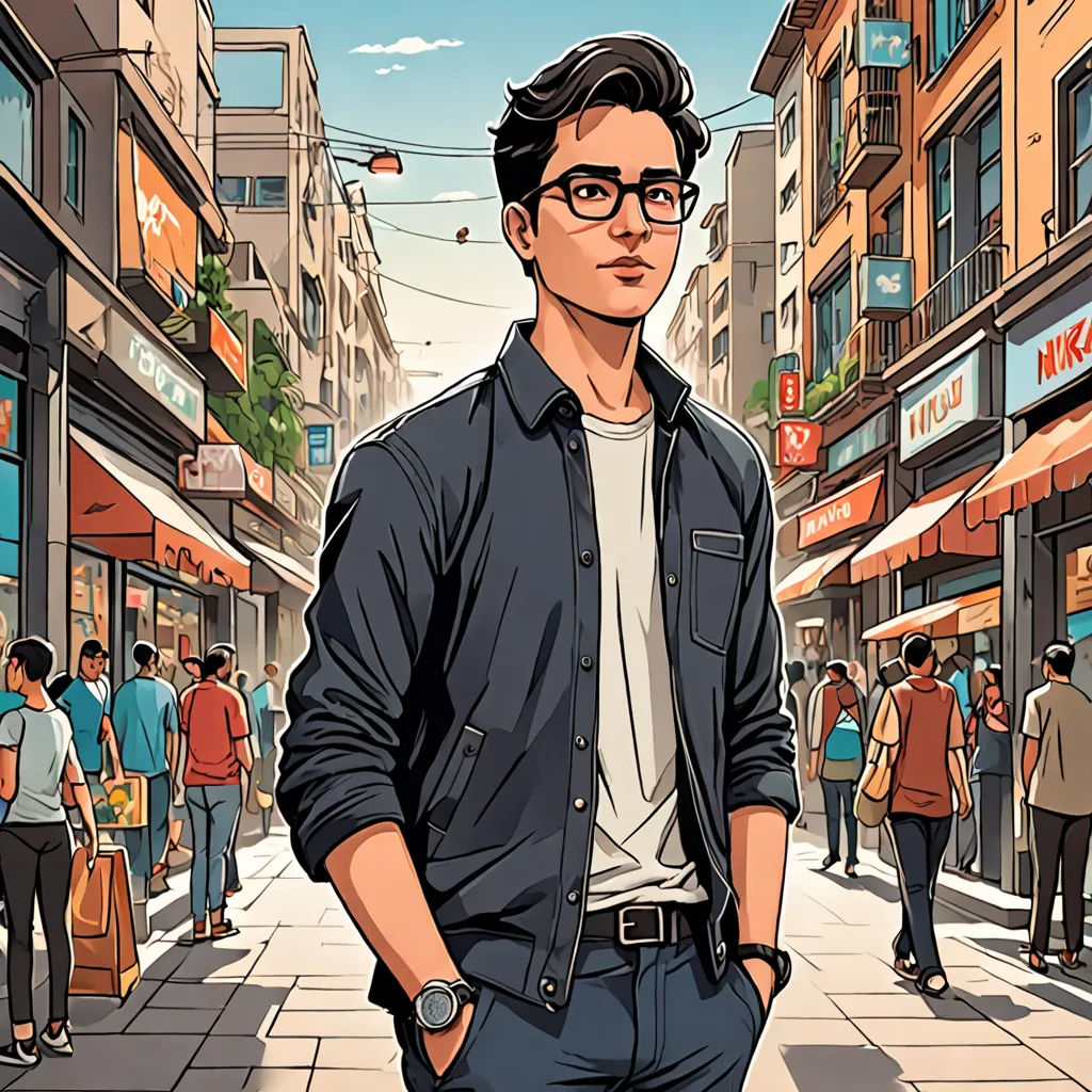 a man standing on a city street with a crowd of people walking by him and a building in the background, bengal school of art, a comic book panel, Asaf Hanuka, high detail illustration
