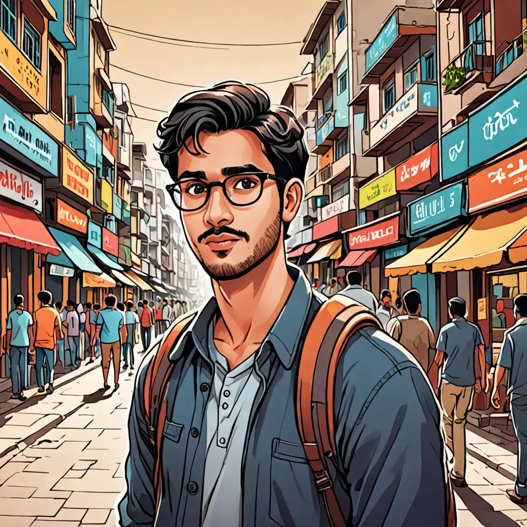 a man with a backpack on a city street with people walking around him and buildings in the background, with a street sign in the foreground, samikshavad, a character portrait, Bikash Bhattacharjee, high detail illustration
