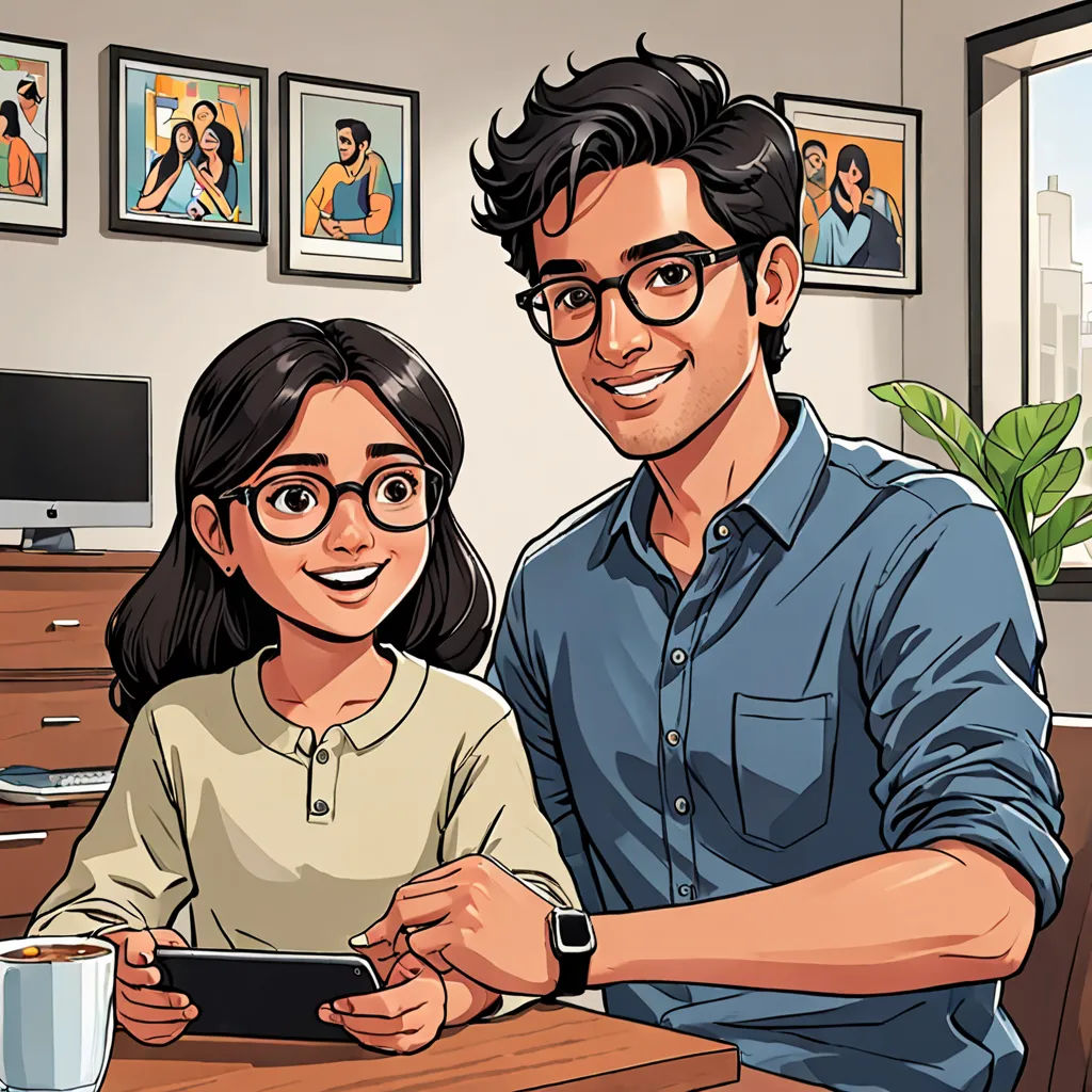 a man and a woman sitting at a table with a tablet computer in front of them, with a picture of a man and woman on the wall behind them, dada, a comic book panel, Anthony Devas, comic cover art