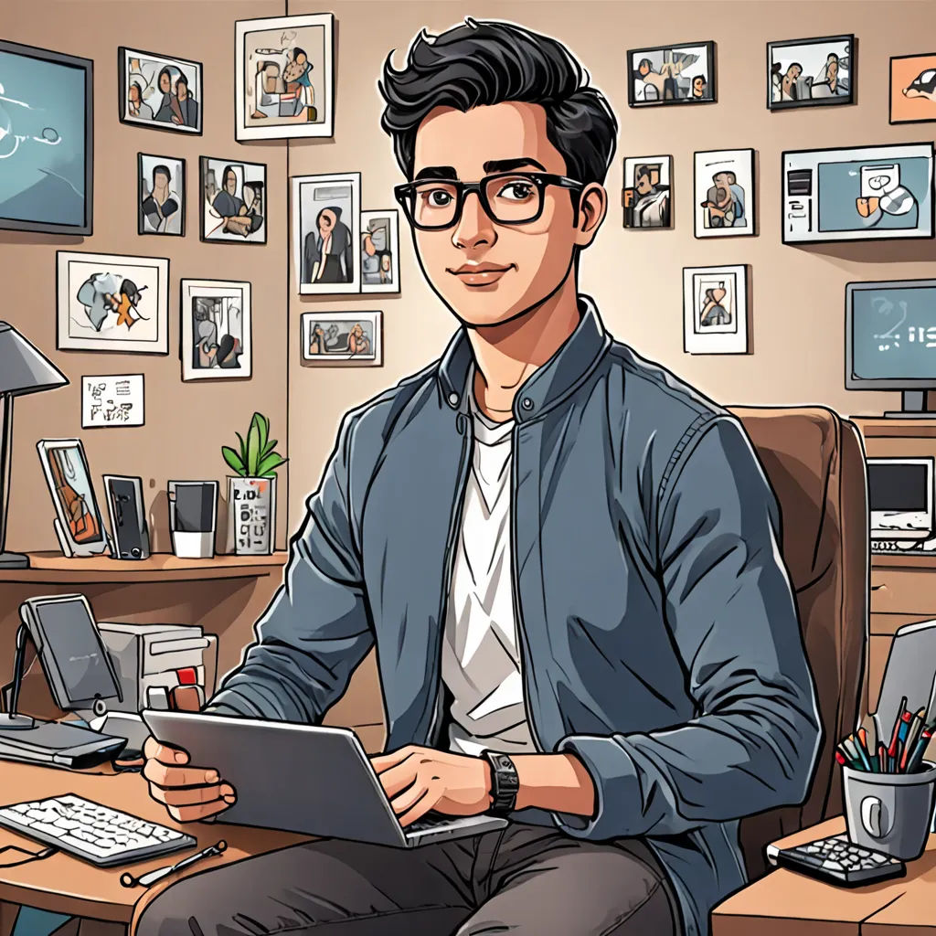 a man sitting at a desk with a laptop and a tablet computer in front of him, with a bunch of pictures on the wall behind him, lyco art, computer graphics, Cedric Seaut (Keos Masons), high detail illustration