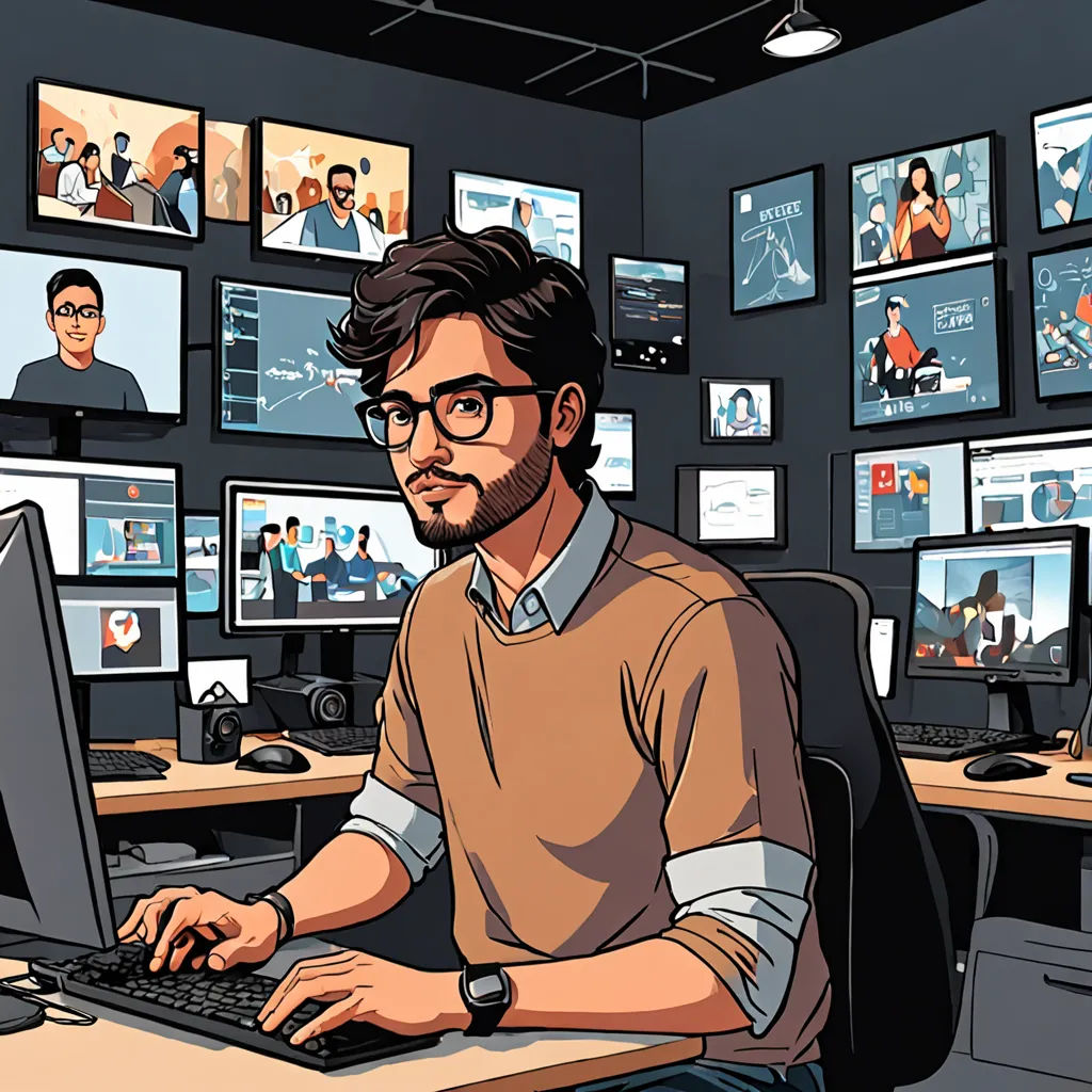 a man sitting at a computer in front of a bunch of monitors with people on them on the wall, les automatistes, a comic book panel, Asaf Hanuka, high detail illustration