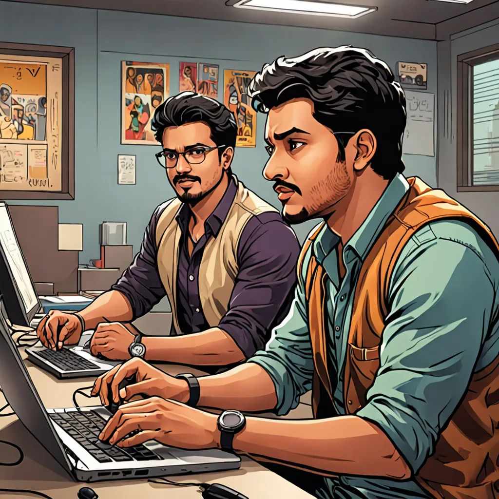 two men sitting at a desk with a laptop computer in front of them, both of them are looking at the screen, bengal school of art, a comic book panel, Bikash Bhattacharjee, high detail illustration