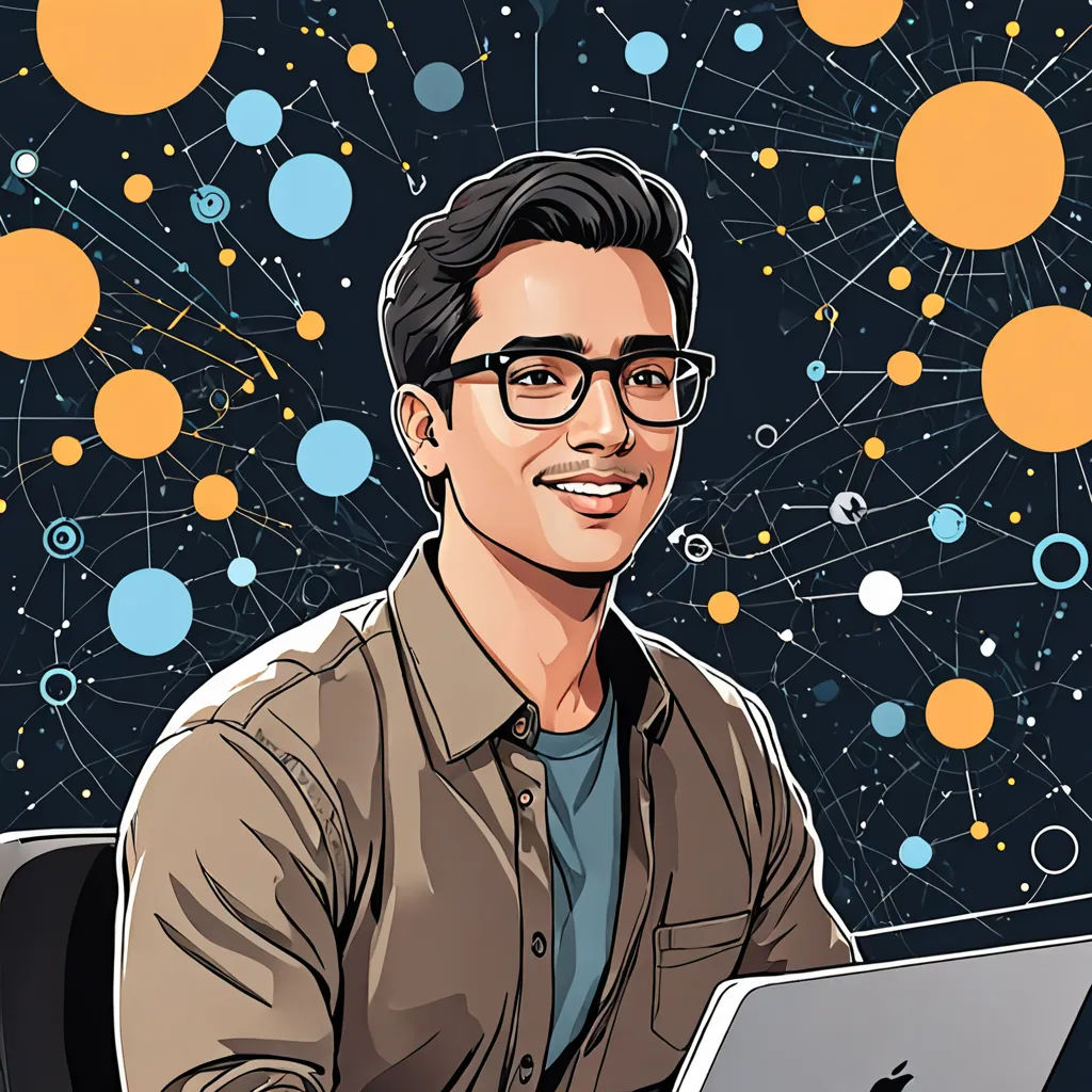 a man sitting at a desk with a laptop in front of him and a background of circles and dots, space art, vector art, Amir Zand, high detail illustration