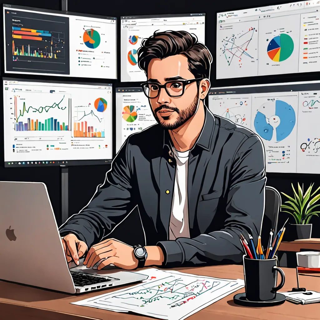 a man sitting at a desk with a laptop computer in front of him and a lot of screens behind him, computer art, computer graphics, Diego Gisbert Llorens, high detail illustration