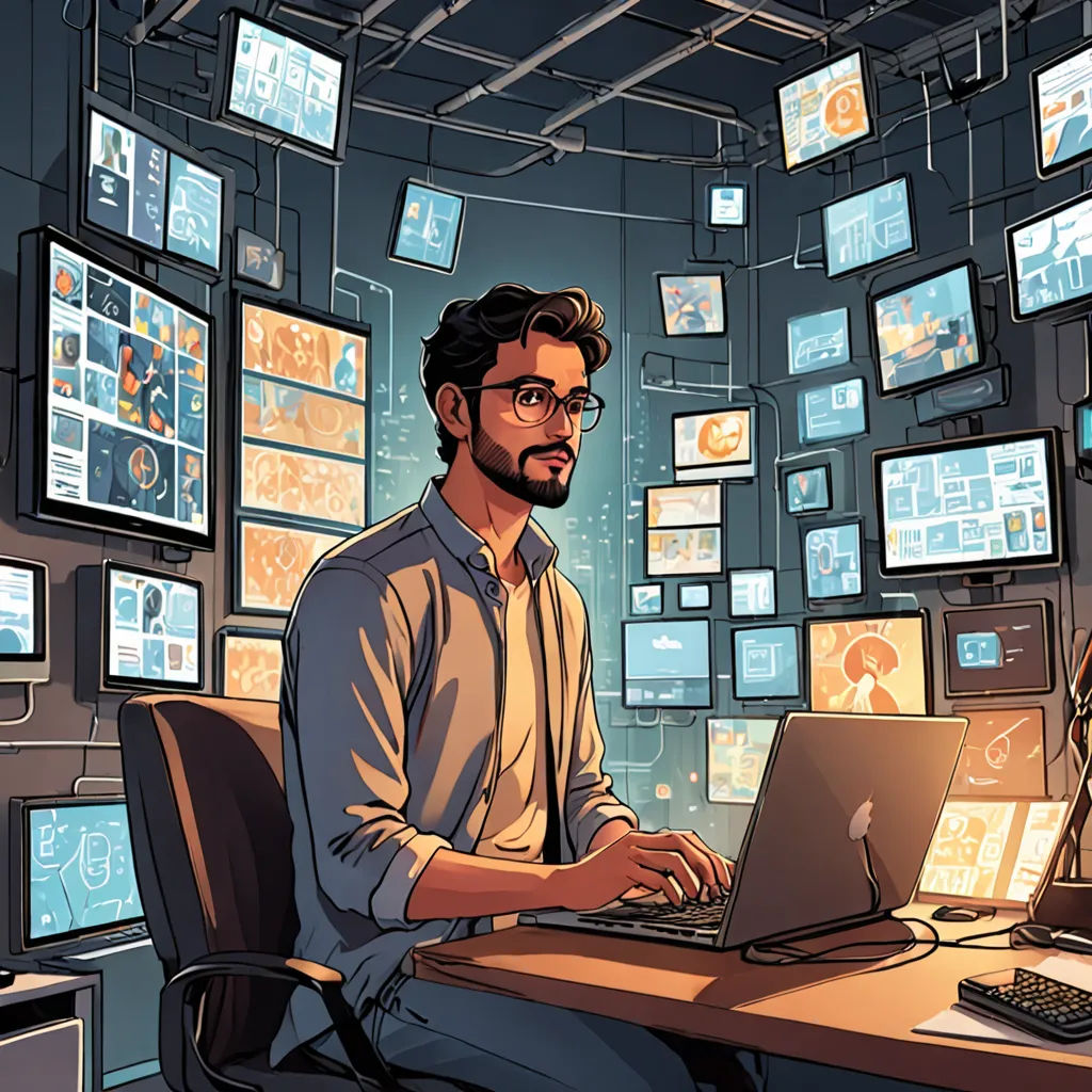 a man sitting at a desk with a laptop in front of a wall of monitors and television screens in a room with many monitors, les automatistes, a comic book panel, Asaf Hanuka, josan gonzales and dan mumford