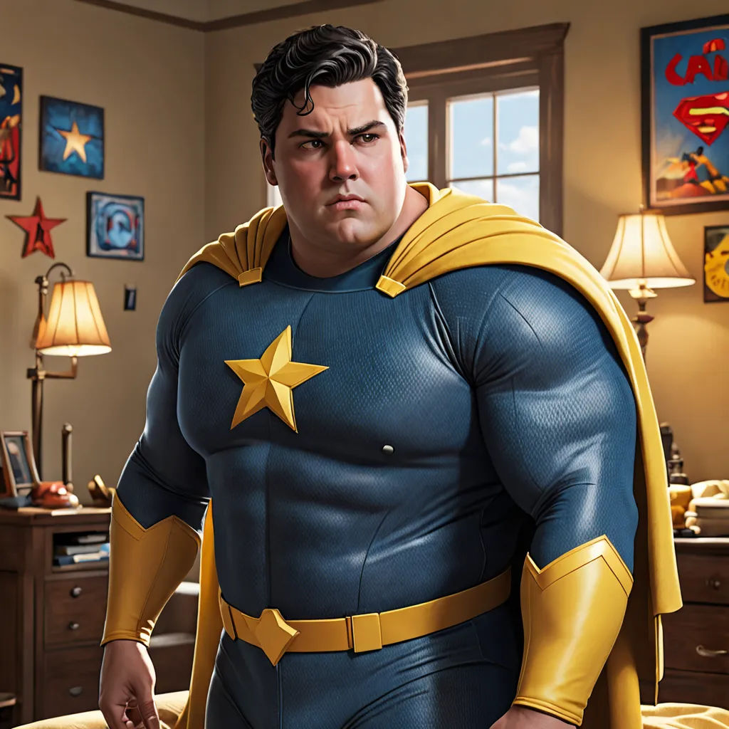 a man in a superman costume standing in a bedroom with a lamp on the side of the bed and a window, photorealism, a hyperrealistic painting, Chris LaBrooy, hyper real
