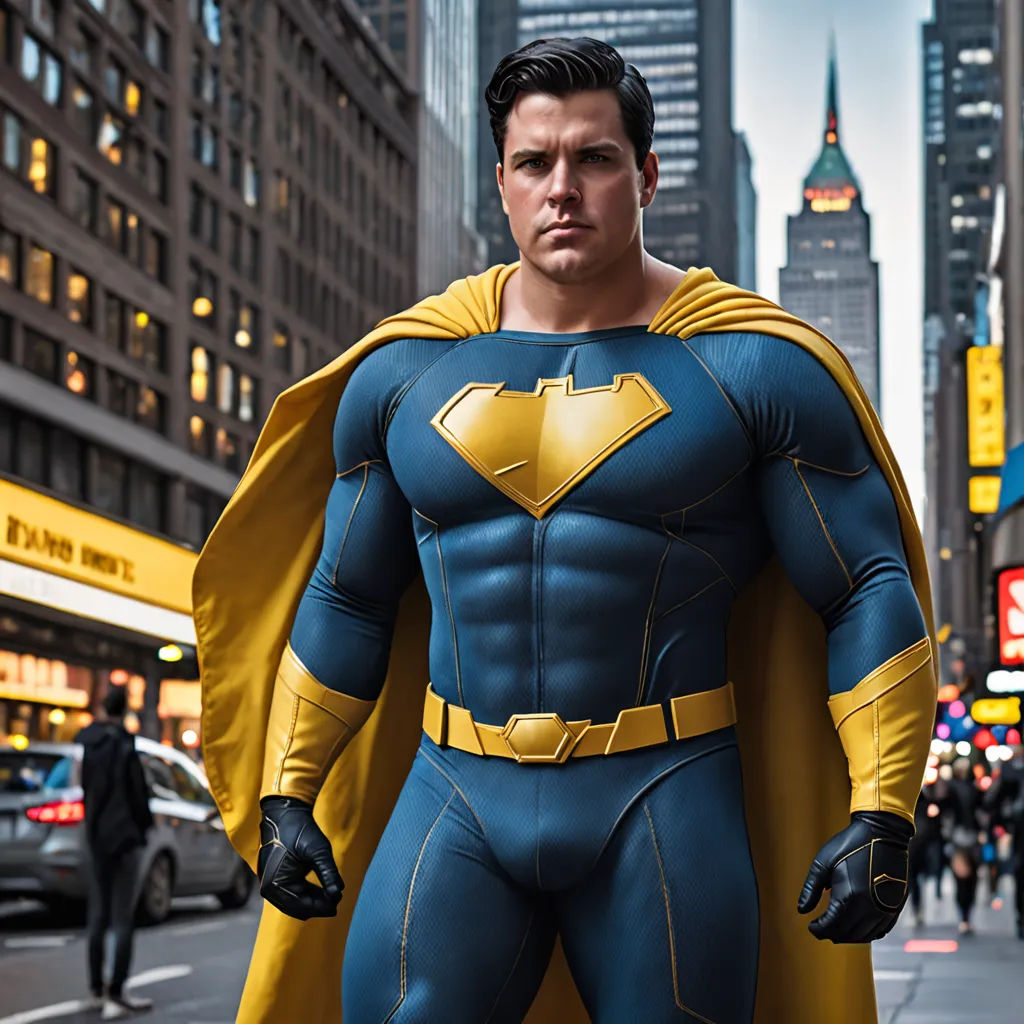 a man dressed as a superman standing on a city street in a costume with a cape on and a yellow cape, superflat, a character portrait, Altichiero, promotional image