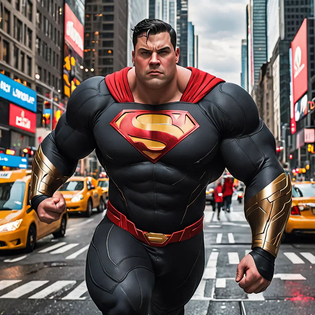 a man dressed as a superman is walking down the street in a city with taxis and taxis behind him, superflat, a comic book panel, Anthony Palumbo, hyper real