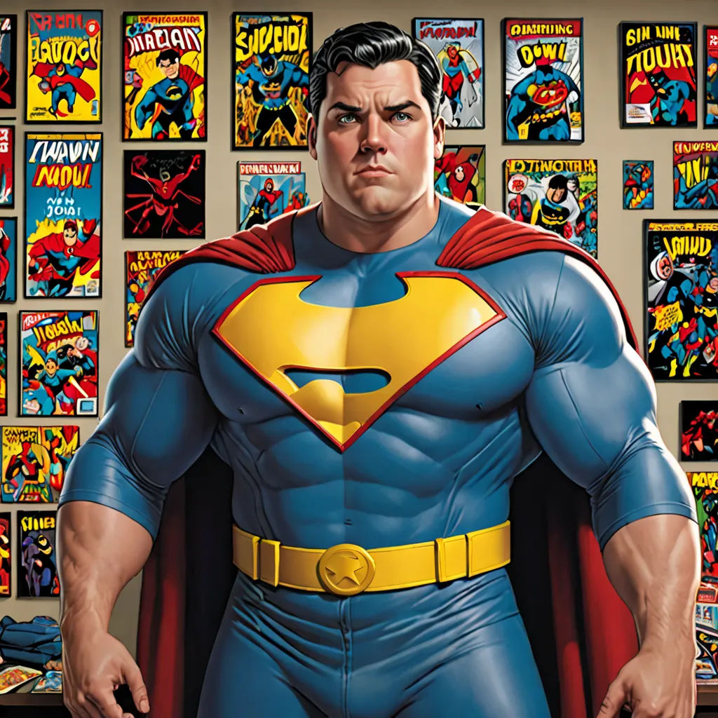 a man in a superman suit standing in front of a wall of comic books and posters of superman comics, superflat, a comic book panel, Anthony Palumbo, comic book