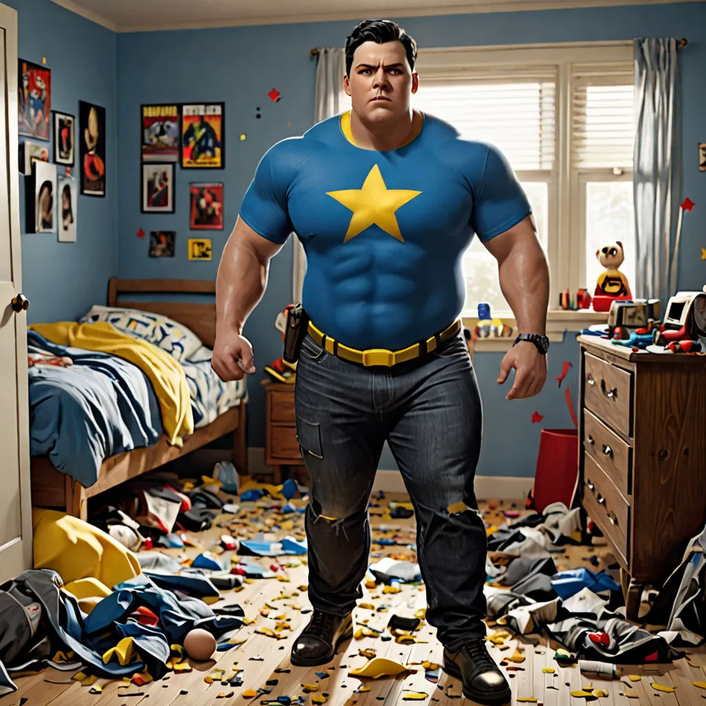 Max took off his costume and noticed his belly grew and ripped his shirt. He was overweight again, but still had the muscles from the suit.