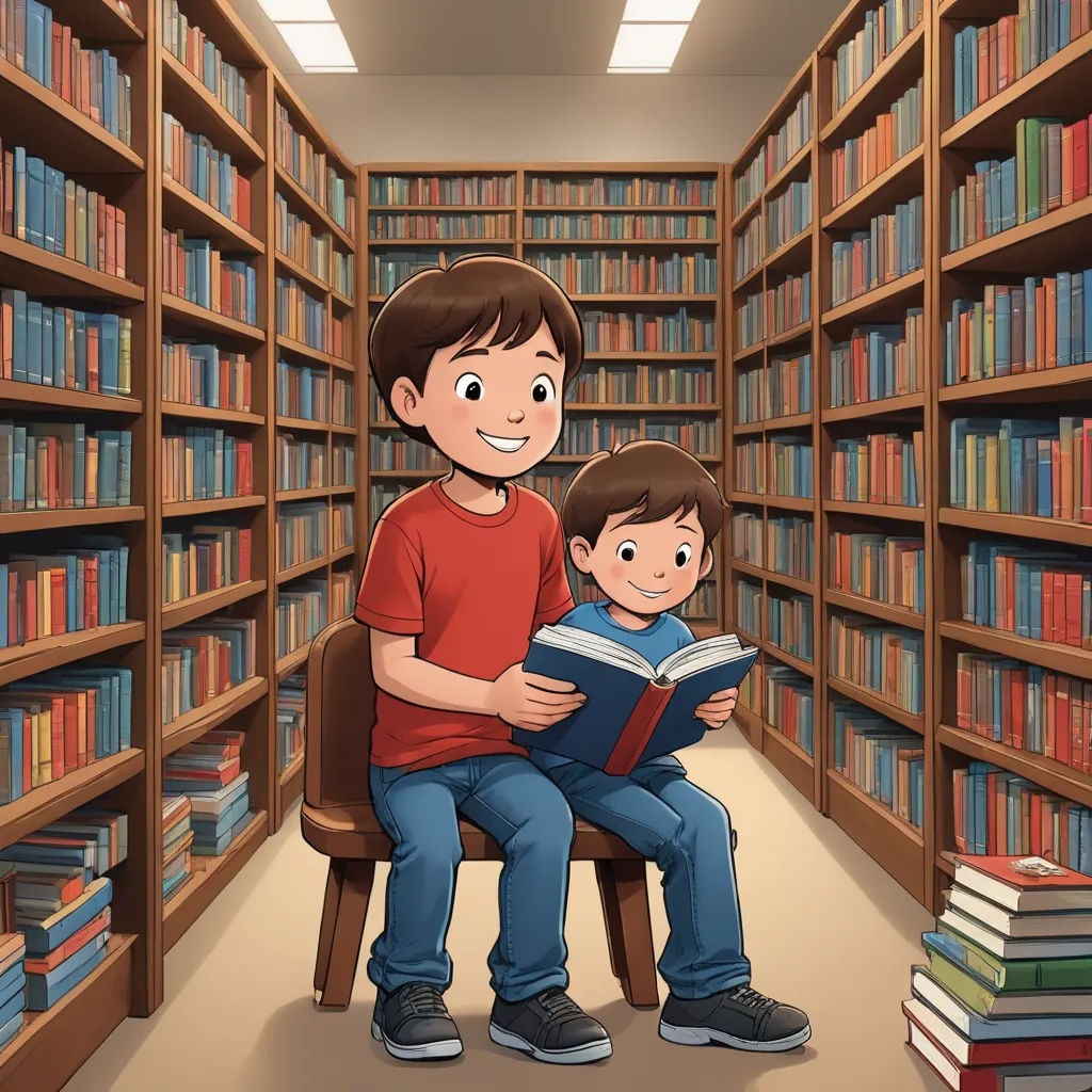 a man and a boy sitting in a library reading a book together, with a library full of books behind them, lyco art, a storybook illustration, Diego Gisbert Llorens, storybook illustration