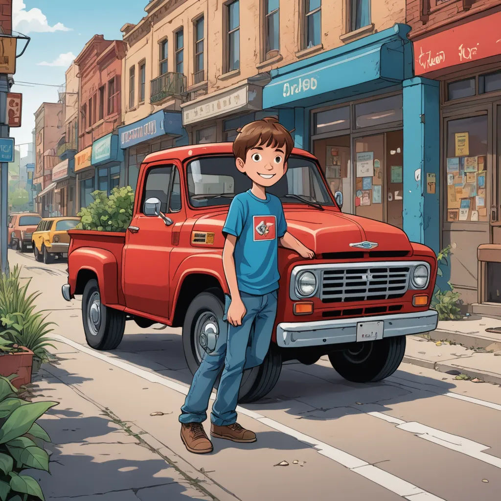 a boy standing in front of a red truck on a city street with a storefront and a storefront, american scene painting, a storybook illustration, Aaron Jasinski, official art