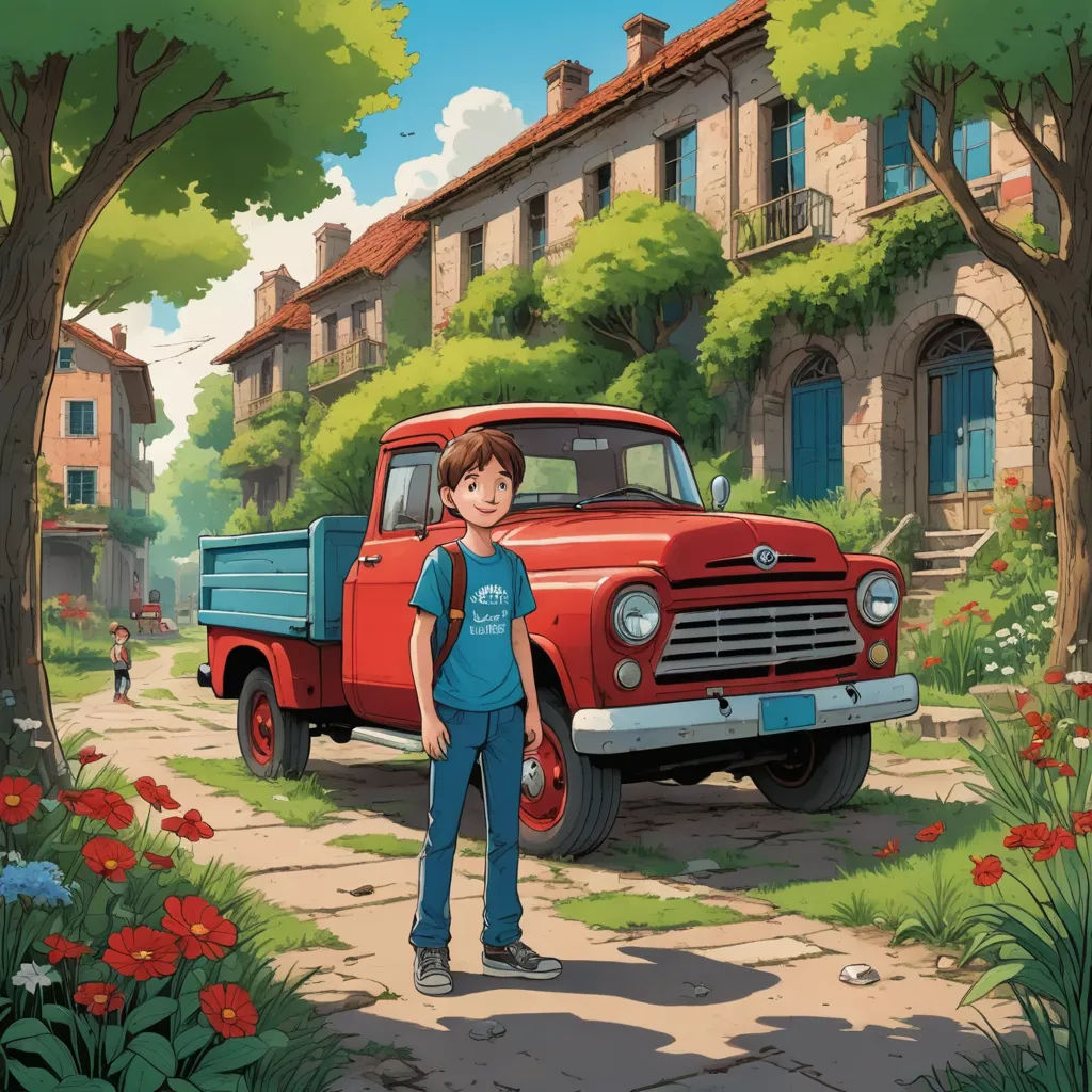 a boy standing in front of a red truck in a cartoon style with a house in the background and a tree in the foreground, american scene painting, a storybook illustration, Aaron Jasinski, official art