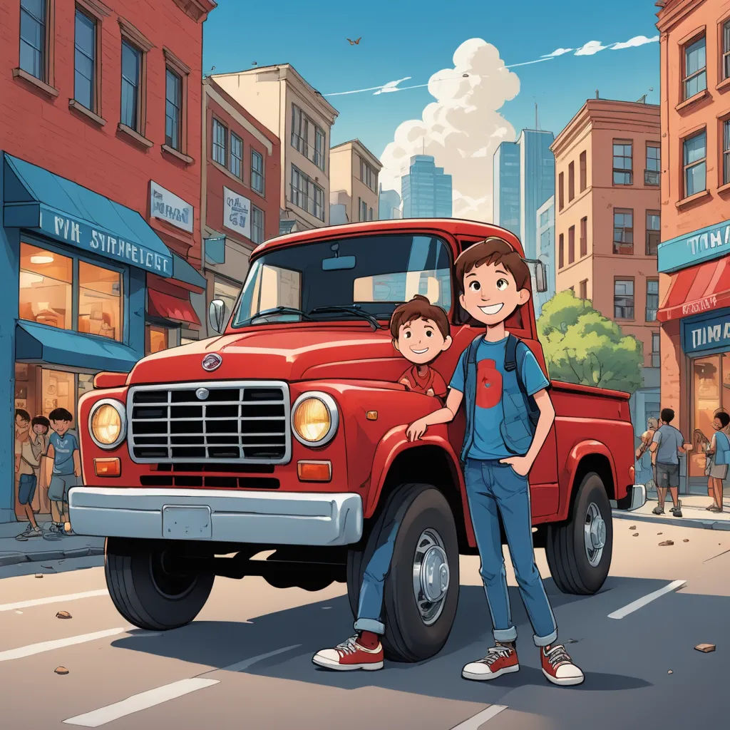 a man and a child are standing in front of a red truck in a city street with pedestrians and buildings, american scene painting, poster art, Brothers Hildebrandt, official art