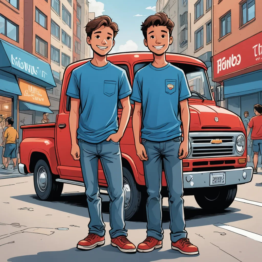 two men standing in front of a red truck in a city street with buildings in the background and a man in the foreground, private press, a storybook illustration, Brothers Hildebrandt, graphic novel