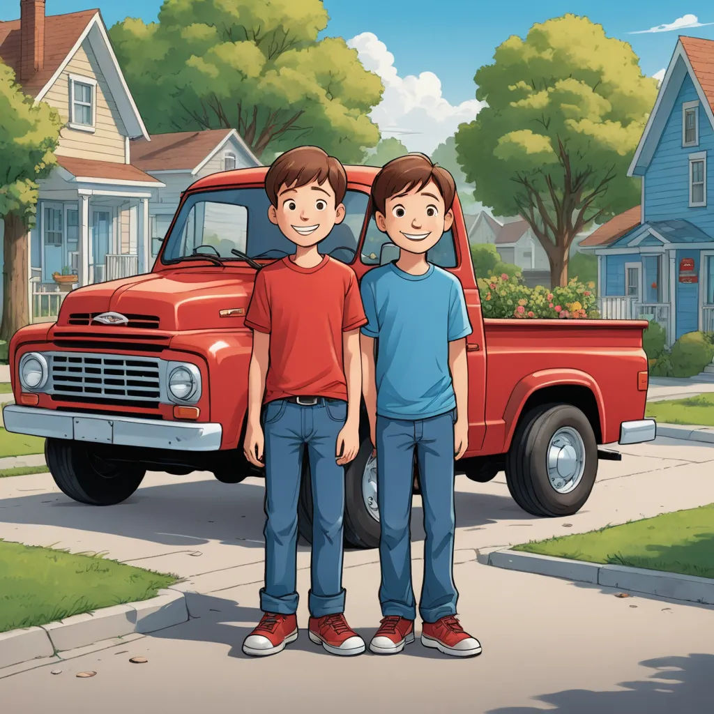 two boys standing in front of a red truck in a neighborhood with houses and trees in the background,, american scene painting, a storybook illustration, Brothers Hildebrandt, promotional image