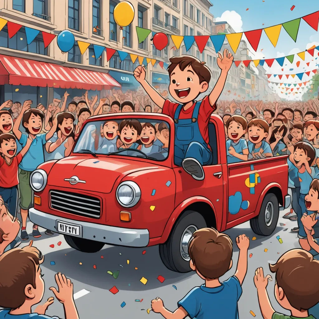 a red truck with a boy on the back of it driving through a crowd of people in front of a building, naive art, a storybook illustration, Diego Gisbert Llorens, storybook illustration