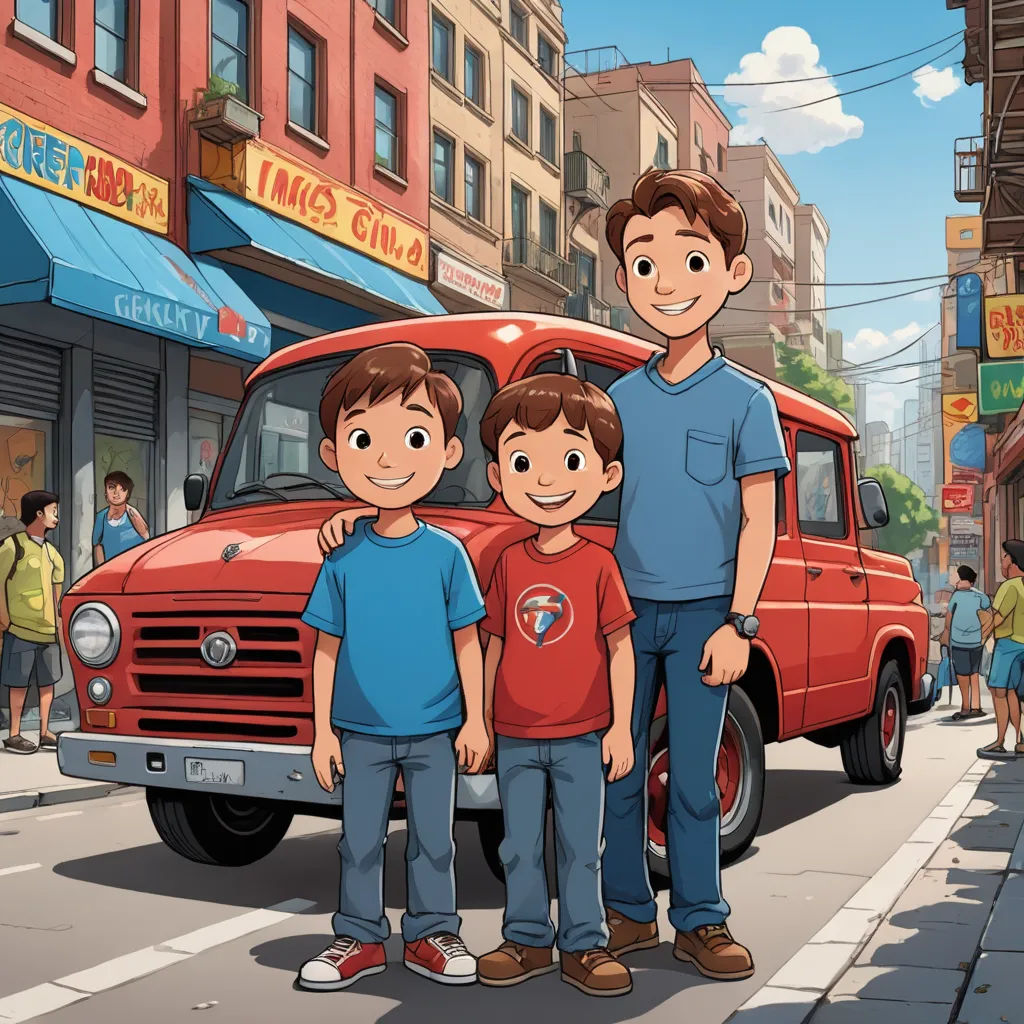 a man and two boys standing in front of a red truck on a city street with people walking by, lyco art, a storybook illustration, Brothers Hildebrandt, promotional image