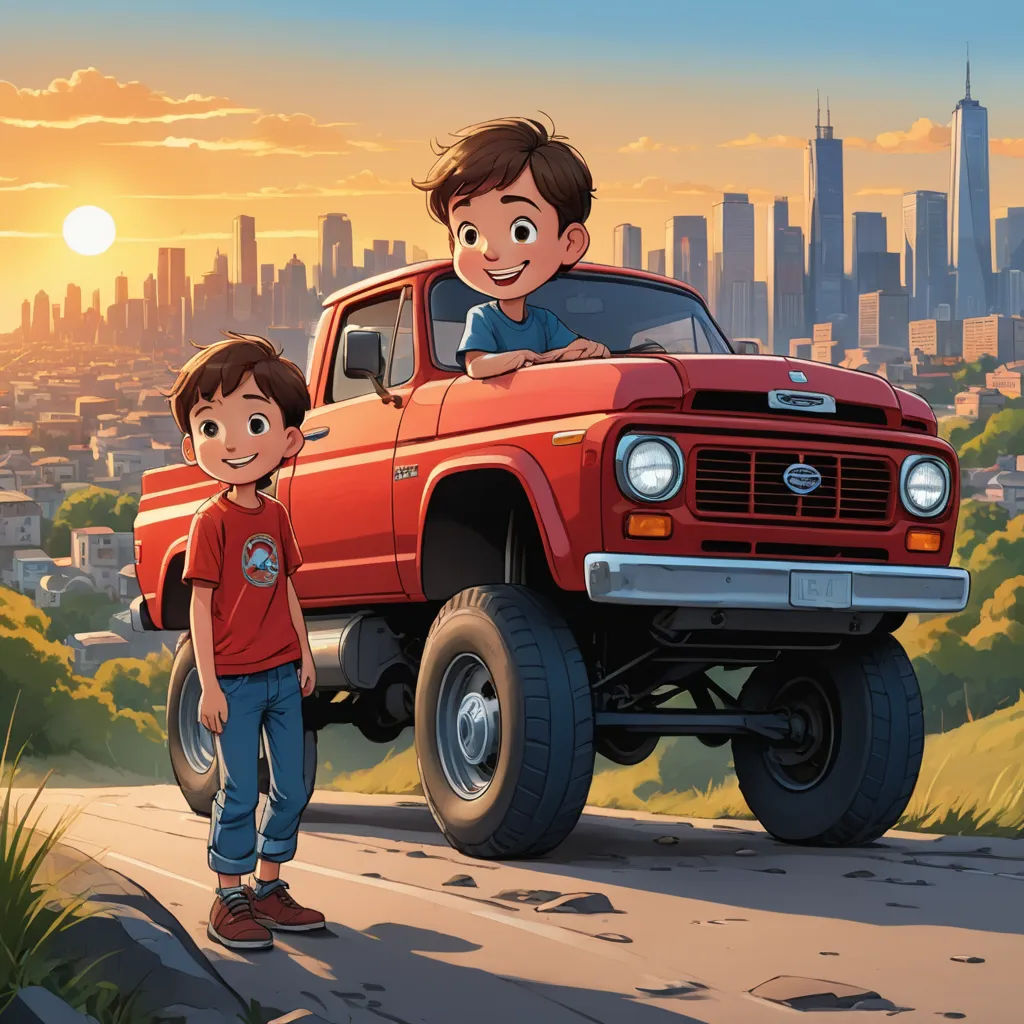 a boy and a boy standing in front of a red truck with a city in the background and a sunset, american scene painting, a storybook illustration, Brothers Hildebrandt, official art