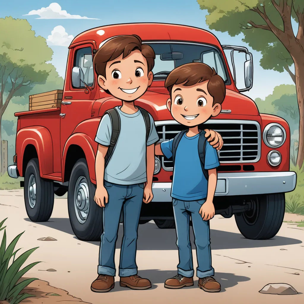 a boy and a boy standing in front of a red truck with a boy standing next to it and smiling, lyco art, a storybook illustration, Brothers Hildebrandt, promotional image