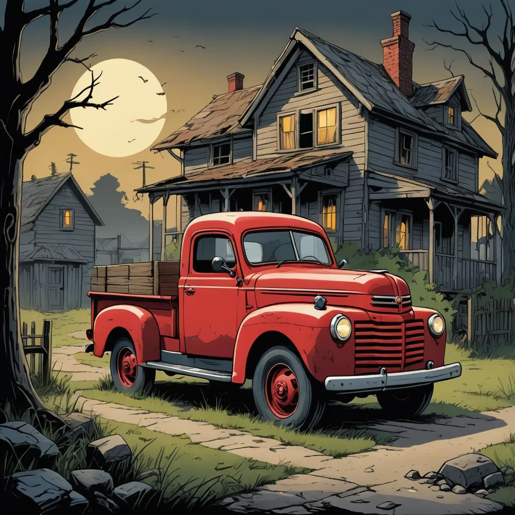a red truck parked in front of a house with a full moon in the background and a tree in the foreground, american scene painting, a comic book panel, Dan Mumford, western comic book art