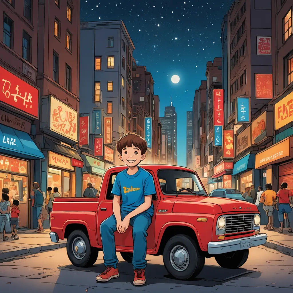 a boy sitting on the back of a red truck in a city at night with people walking around and a full moon in the sky, american scene painting, an ultrafine detailed painting, David Diao, official art
