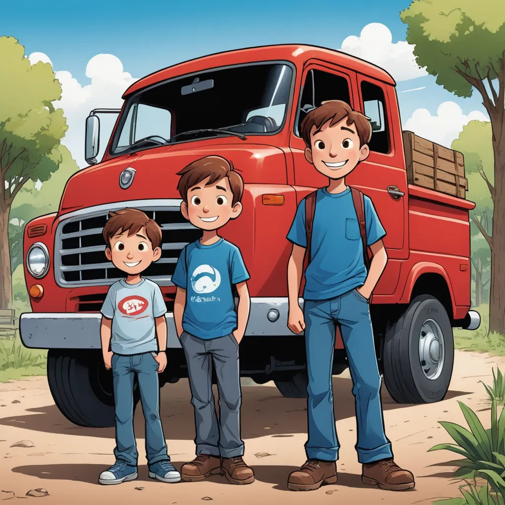 a family standing in front of a red truck in a park with trees and grass in the background,, lyco art, a storybook illustration, Brothers Hildebrandt, graphic novel