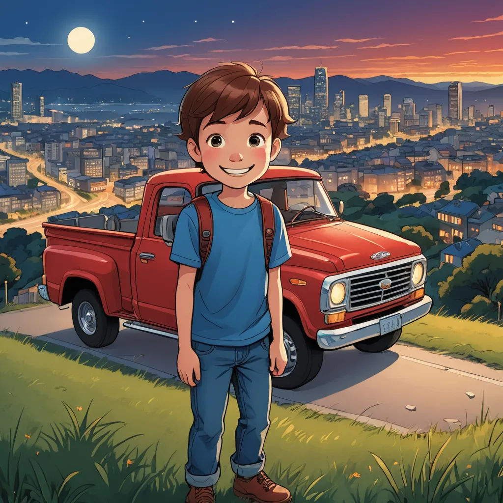 a boy standing in front of a red truck in a city at night with a full moon in the sky, american scene painting, a storybook illustration, Cliff Childs, official art