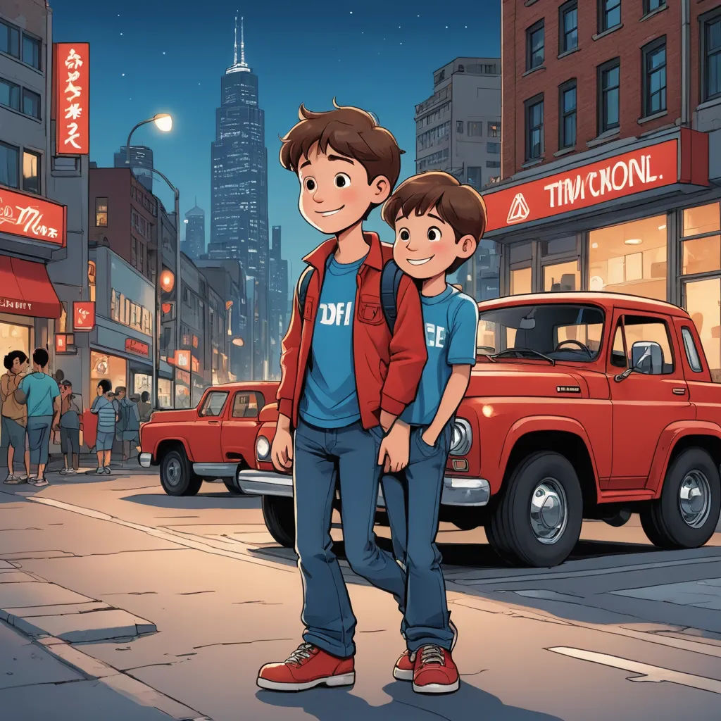 a couple of people standing on a street next to a red truck and a red truck with a red sign, lyco art, a storybook illustration, Brothers Hildebrandt, trending on art station