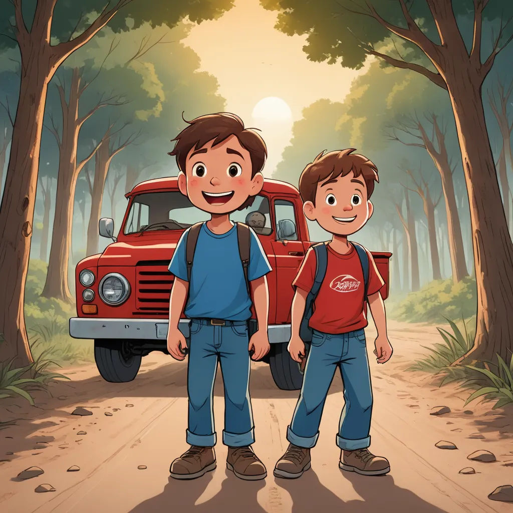 two boys standing in front of a red truck in the woods with trees and a sun in the background, lyco art, a storybook illustration, Brothers Hildebrandt, rossdraws global illumination