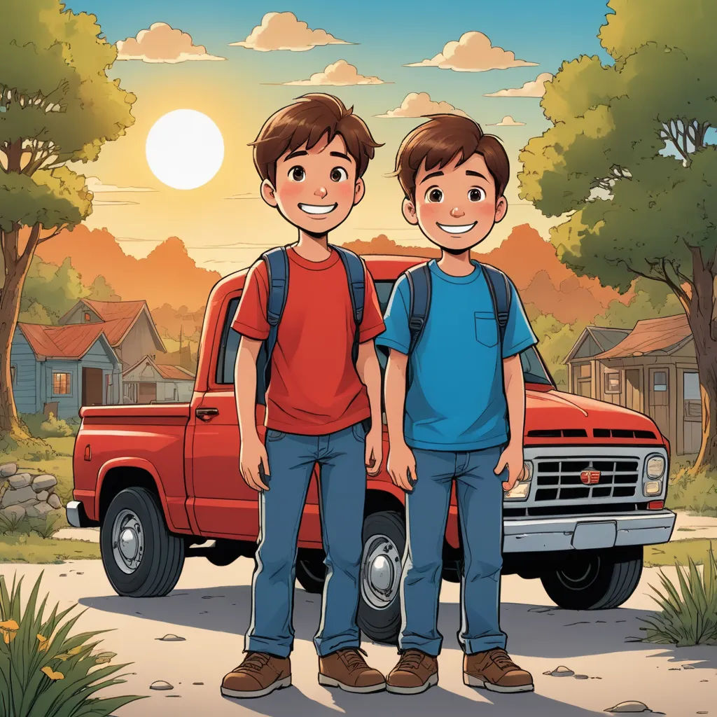 two boys standing in front of a red truck in a rural setting with a sunset in the background and a house in the background, american scene painting, a storybook illustration, Brothers Hildebrandt, graphic novel