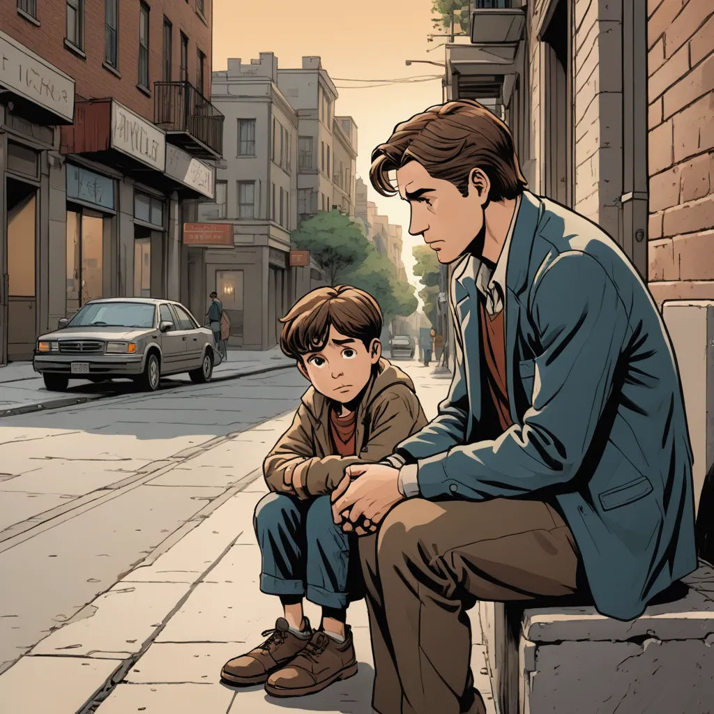 a man and a boy sitting on a ledge in the city, looking at each other, with a car parked on the street behind them, private press, a comic book panel, Brothers Hildebrandt, graphic novel
