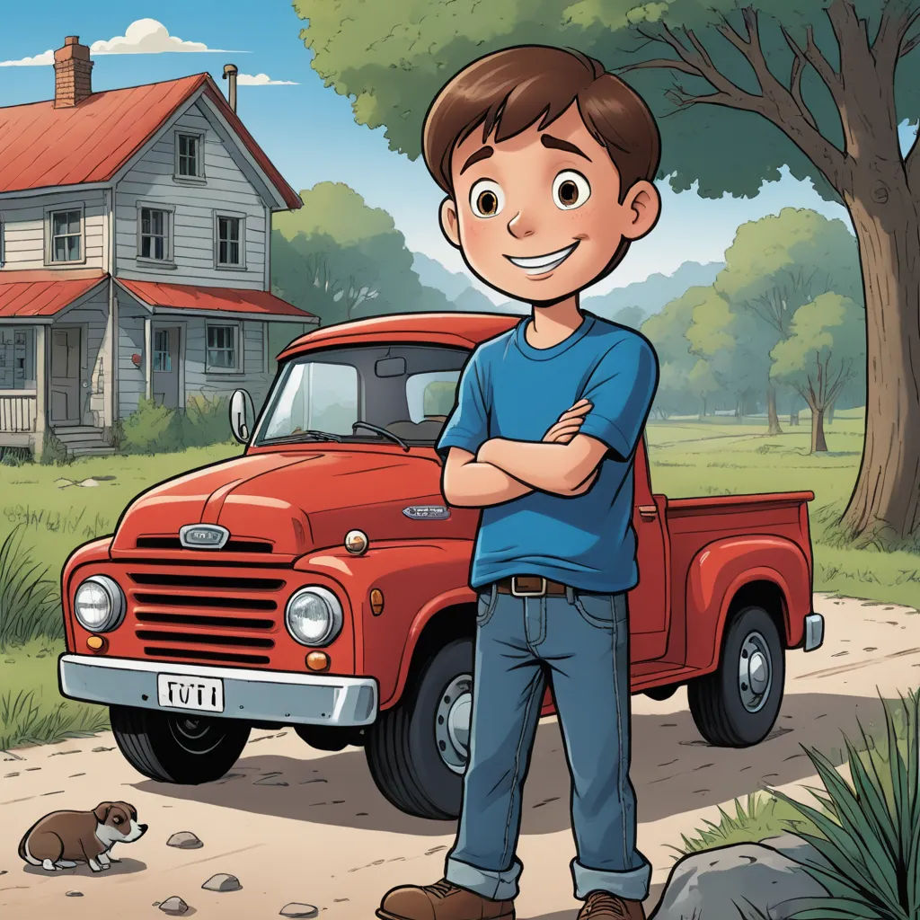a man standing in front of a red truck in a rural area with a cat nearby on a dirt road, american scene painting, a storybook illustration, Cliff Childs, comic cover art