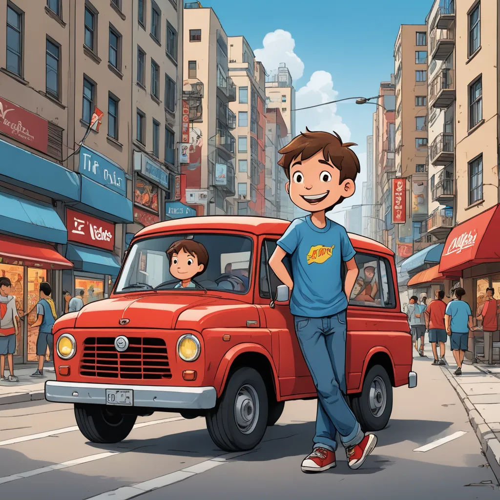 a man standing next to a red truck on a city street with a boy standing in the front of it, photorealism, a storybook illustration, Aaron Jasinski, graphic novel