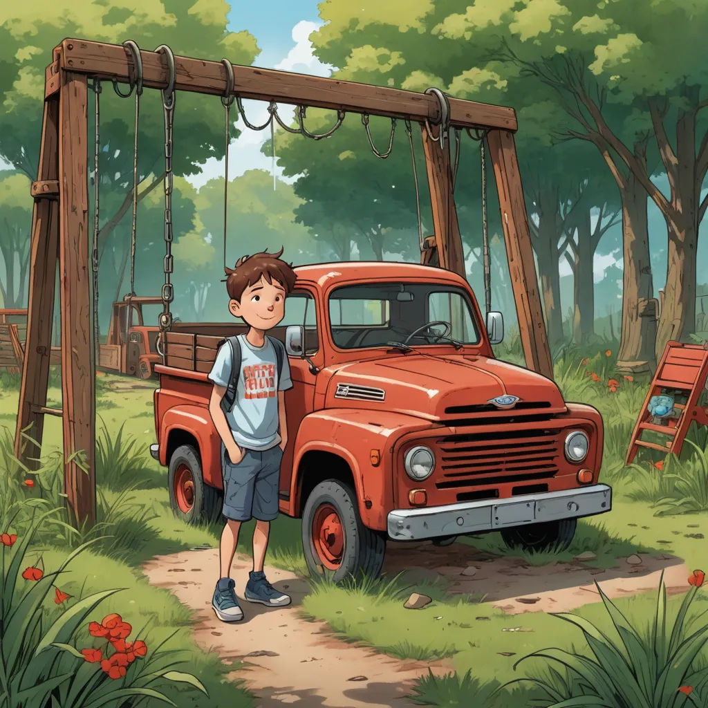 a boy standing next to a red truck in a park with a swing set and swings on the ground, fantastic realism, a storybook illustration, Aaron Jasinski, ghibli