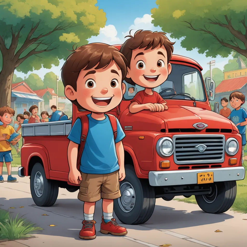 a boy and a boy standing in front of a red truck with a crowd of people in the background, lyco art, a storybook illustration, Brothers Hildebrandt, official art